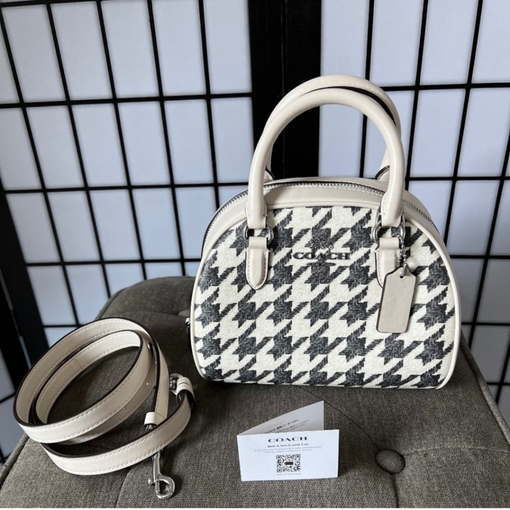 New COACH Silver/Cream/Black Sydney Satchel With Houndstooth Print - Picture 9 of 9